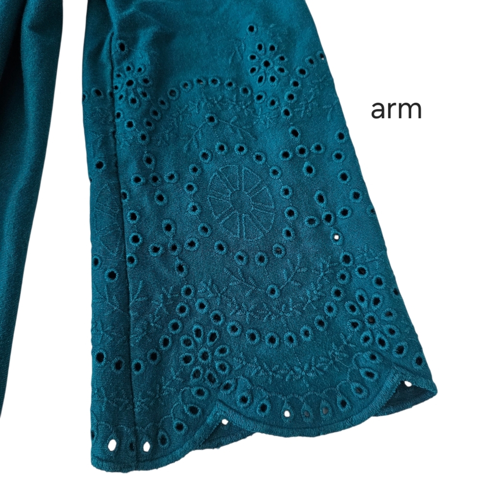 J. Jill Shift Dress XSmall Teal Eyelet Scallop Hem 3/4 Sleeve Cotton Knee Length - Picture 5 of 9